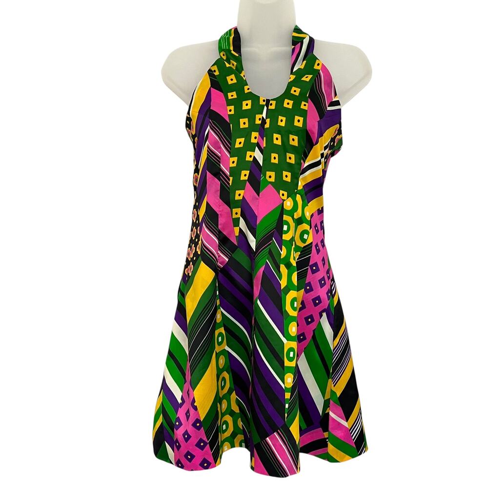1960s Vintage Colorful Abstract Patchwork Go-Go Halter Neck Mini Dress Size XS/S